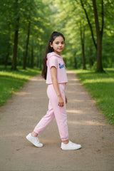 clothe Funn Girls Co-Ord Set, Hooded Half Sleeve Sweatshirt & Track Pant Set, Lt.Pink