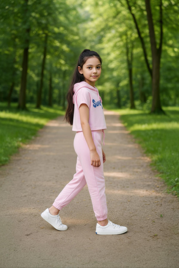 clothe Funn Girls Co-Ord Set, Hooded Half Sleeve Sweatshirt & Track Pant Set, Lt.Pink