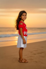 Clothe Funn Girls Chest Printed Frock, Red & Ecru Mel