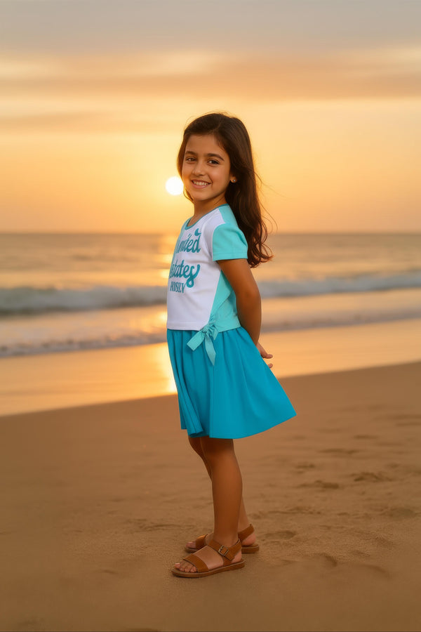 Clothe Fun Girls Fancy Textured Frock With Waist Knott, White & Mint