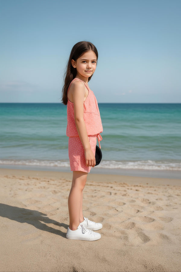 Clothe Funn Girls Co-ord Set, Short Set, Peach Polka