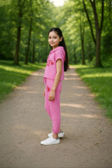 clothe Funn Girls Co-Ord Set, Hooded Half Sleeve Sweatshirt & Track Pant Set, Pink