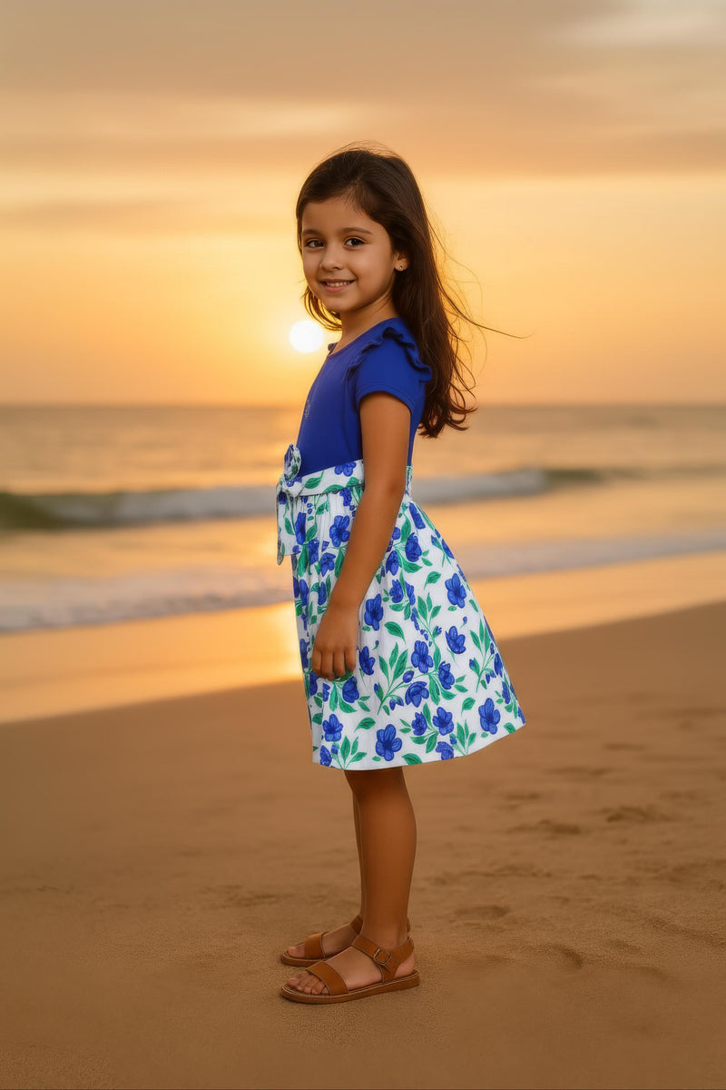 Clothe Fun Girls Fancy Floral Printed Frock With Waist Belt, Royal Blue & Off White AOP