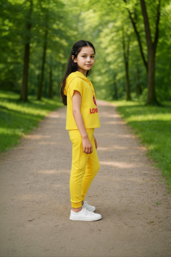 clothe Funn Girls Co-Ord Set, Hooded Half Sleeve Sweatshirt & Track Pant Set, Yellow