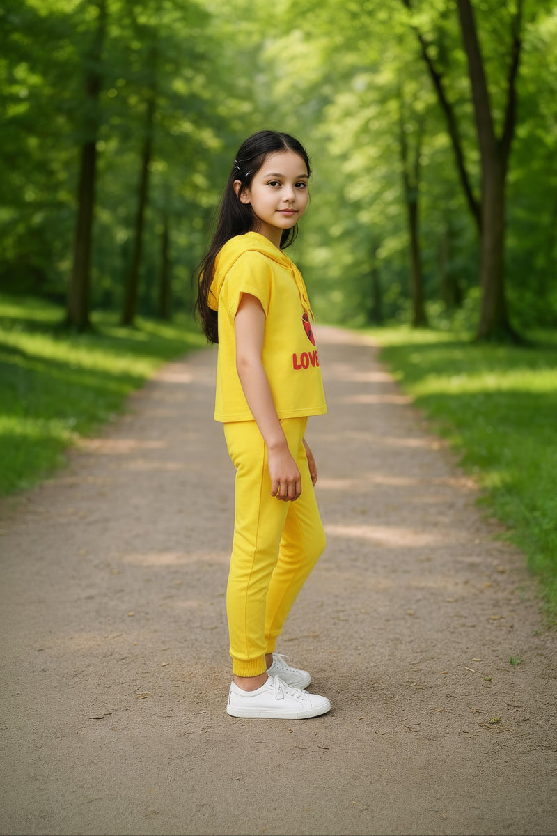 clothe Funn Girls Co-Ord Set, Hooded Half Sleeve Sweatshirt & Track Pant Set, Yellow