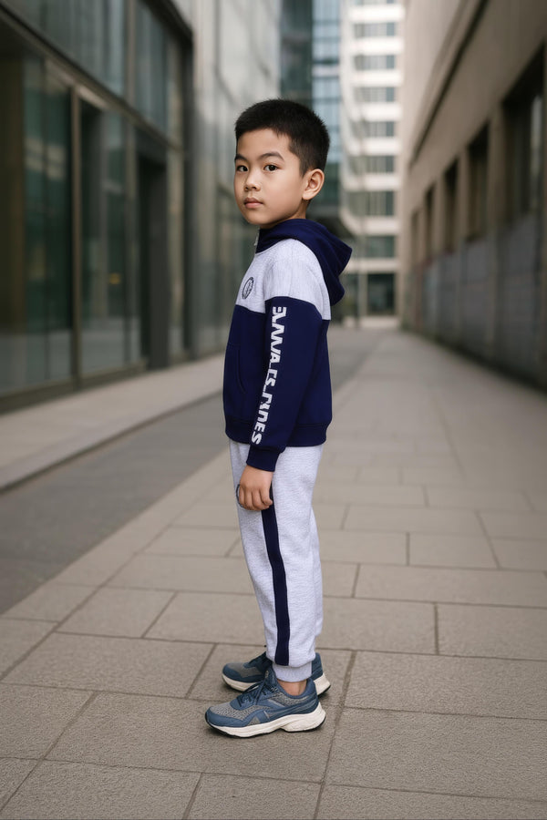 Clothe Funn Boys Full Sleeve Jacket & Track Pant Set, Navy/Ecru