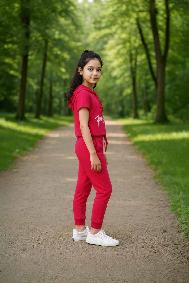 clothe Funn Girls Co-Ord Set, Hooded Half Sleeve Sweatshirt & Track Pant Set, Fuschia