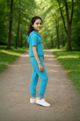 clothe Funn Girls Co-Ord Set, Hooded Half Sleeve Sweatshirt & Track Pant Set, T.Blue