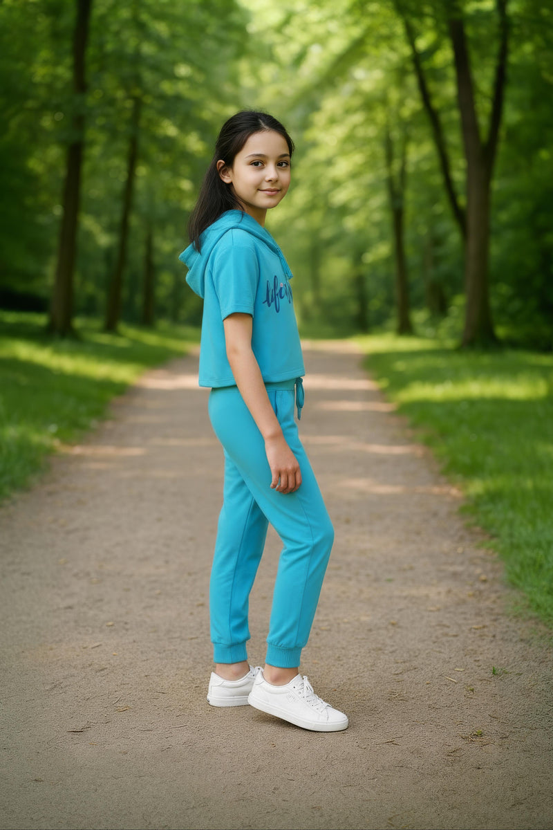 clothe Funn Girls Co-Ord Set, Hooded Half Sleeve Sweatshirt & Track Pant Set, T.Blue