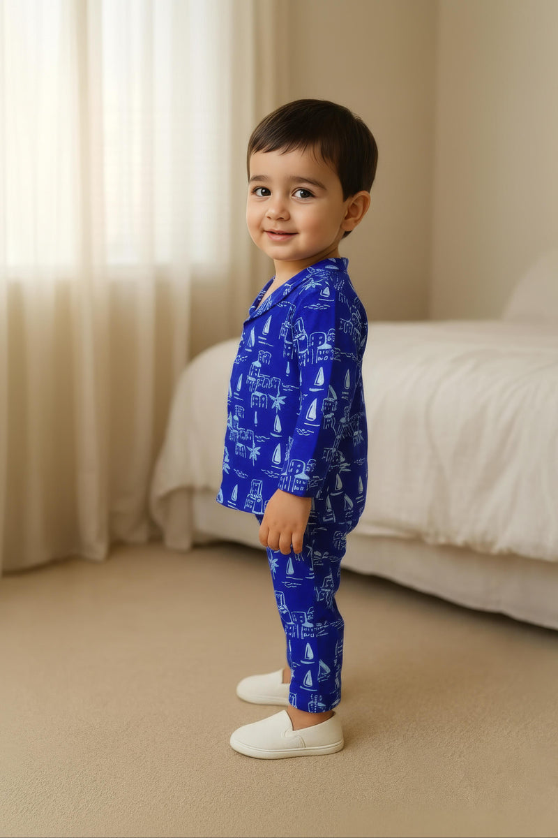 Clothe Funn Boys Cotton Night Suit Set , Royal Blue
