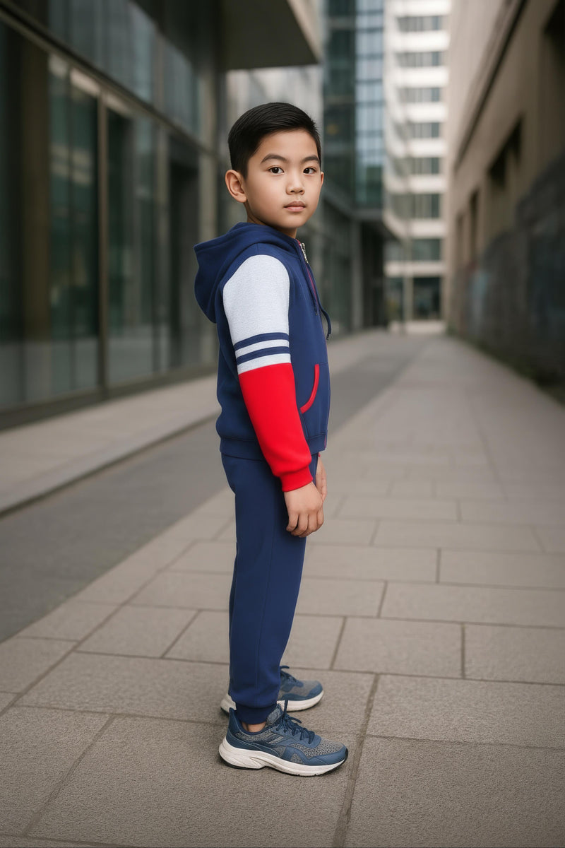 Clothe Funn Boys Full Sleeve Jacket & Track Pant Set, Navy/Red