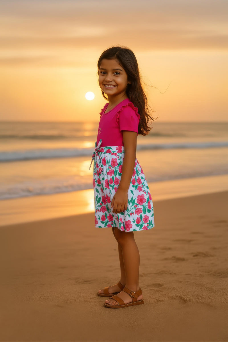 Clothe Fun Girls Fancy Floral Printed Frock With Waist Belt, Coral & Off White AOP