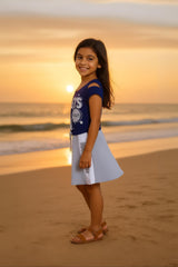 Clothe Funn Girls Chest Printed Frock, Navy & Ecru Mel