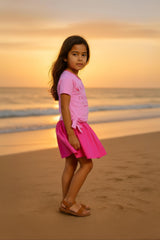 Clothe Fun Girls Fancy Textured Frock With Waist Knott, White & Pink