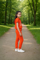 clothe Funn Girls Co-Ord Set, Hooded Half Sleeve Sweatshirt & Track Pant Set, Orange