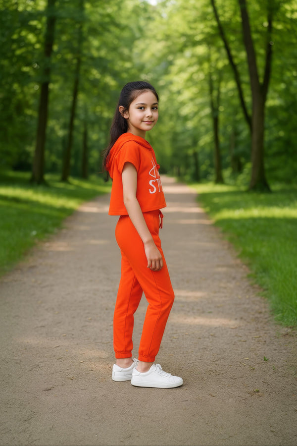 clothe Funn Girls Co-Ord Set, Hooded Half Sleeve Sweatshirt & Track Pant Set, Orange