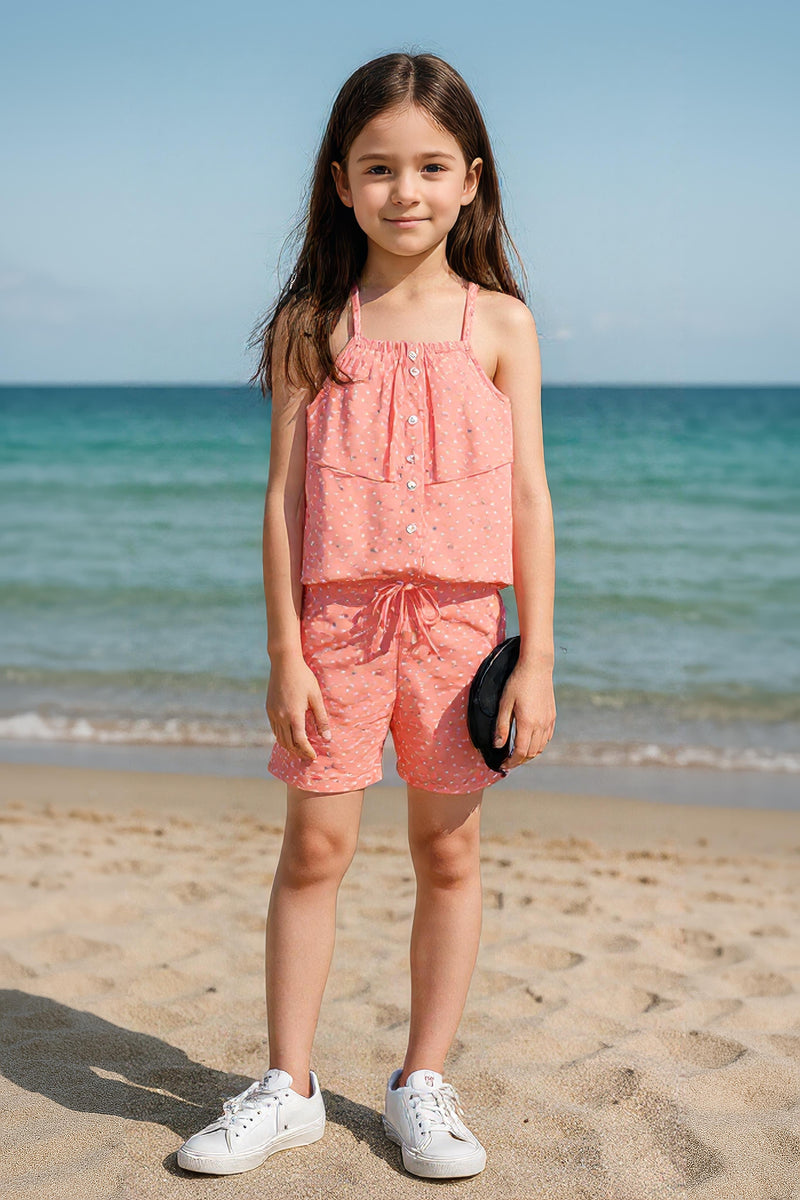 Clothe Funn Girls Co-ord Set, Short Set, Peach Polka