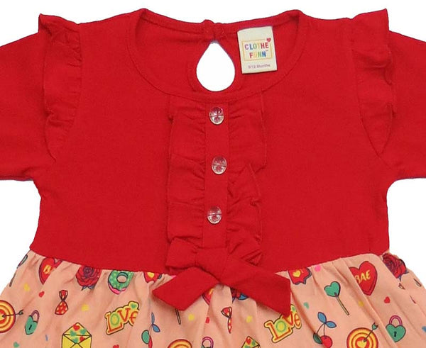 Clothe Funn New Born Baby Girl Dress, Red & Peach AOP