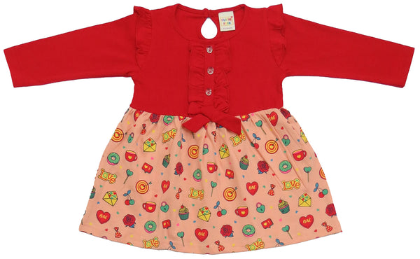 Clothe Funn New Born Baby Girl Dress, Red & Peach AOP