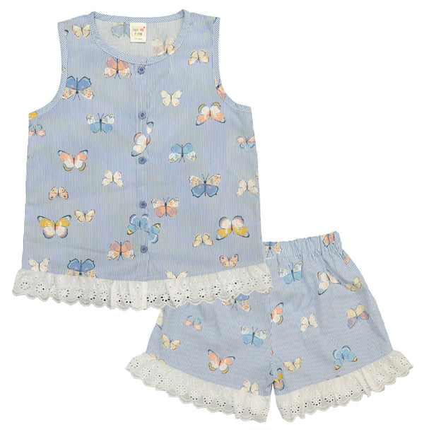 Clothe Funn Girls Fancy Printed Sleeveless Co-Ord Set, Shorts Set, Cotton Fabric, Blue