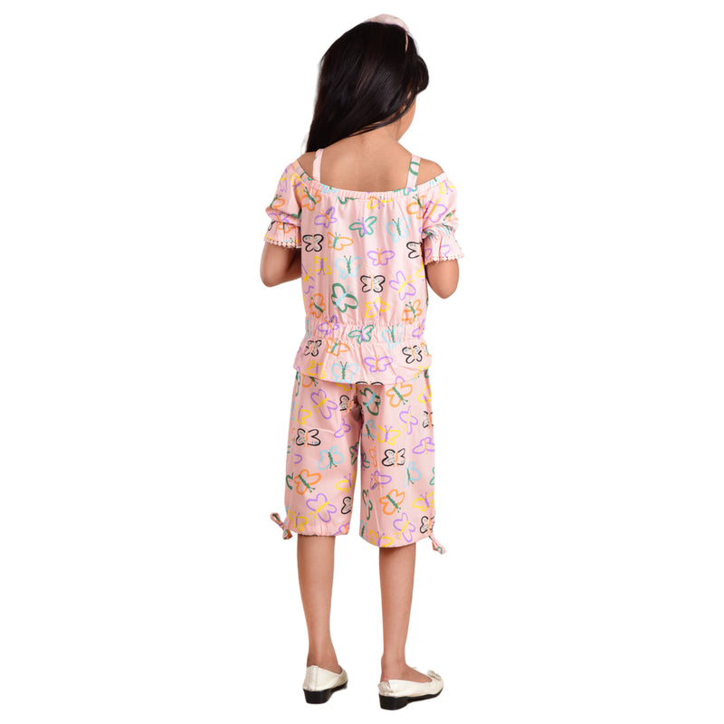 Clothe Funn Girls Fancy Printed Half Sleeve Strappy Top With Capri, Co-Ord Set, Peach Butterfly