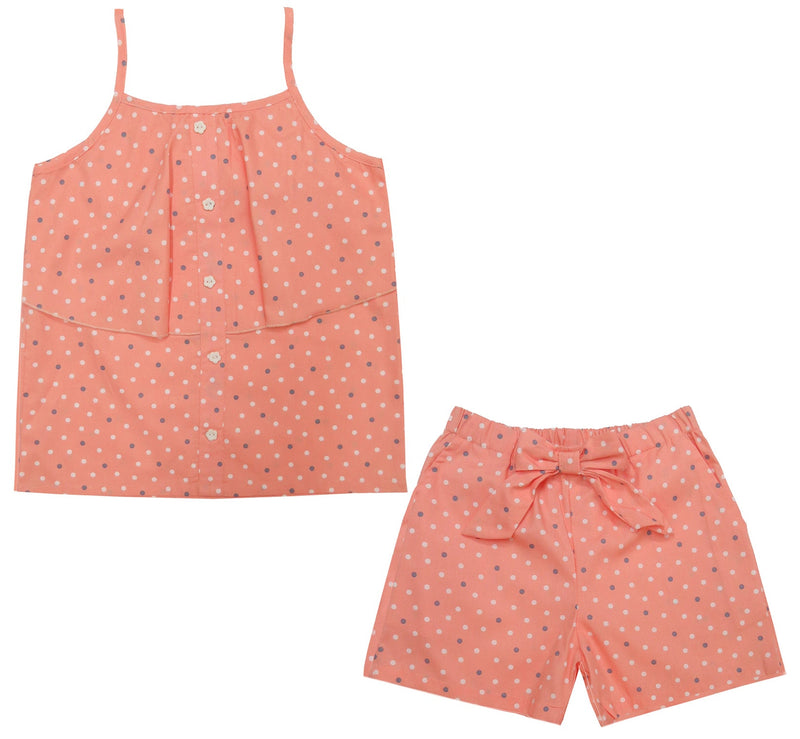 Clothe Funn Girls Co-ord Set, Short Set, Peach Polka