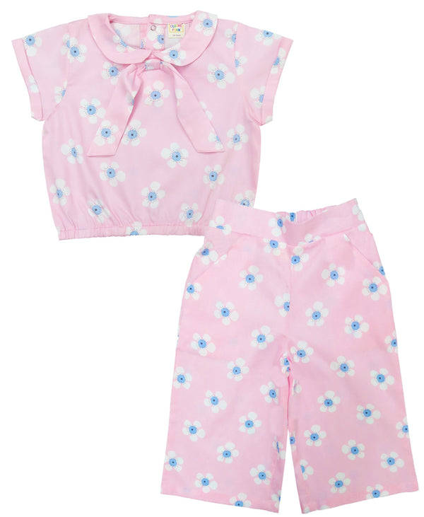 Clothe Funn Girls Floral Printed Cotton Co-Ord Set, Pink Floral AOP