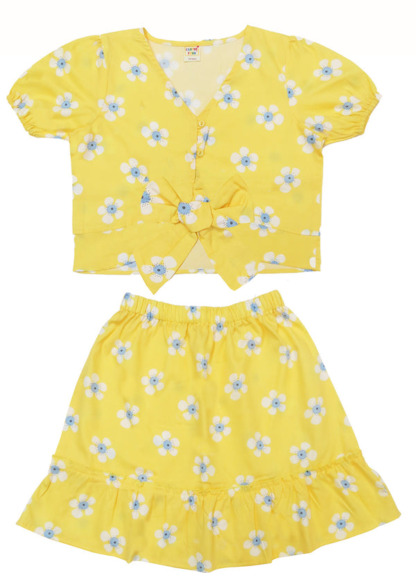 Clothe Funn Girls Co-Ordinate Set, Short Sleeve Top & Skirt Set, Yellow Floral AOP