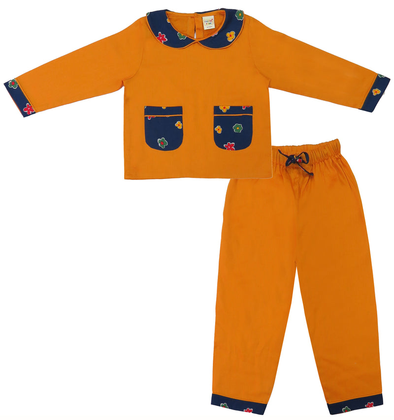 Clothe Funn Girls Full Sleeve Ci-Ord Set, Gold & Navy AOP