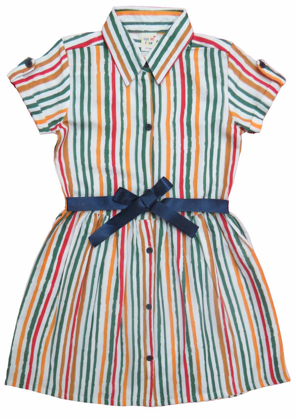 Clothe Funn Girls Multi Stripes Dress, Modern Frock with Belt, Multi Stripes