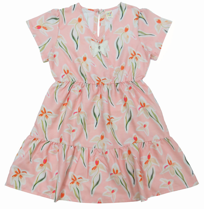 Clothefunn Girls Floral Printed Frock, Peach Floral AOP