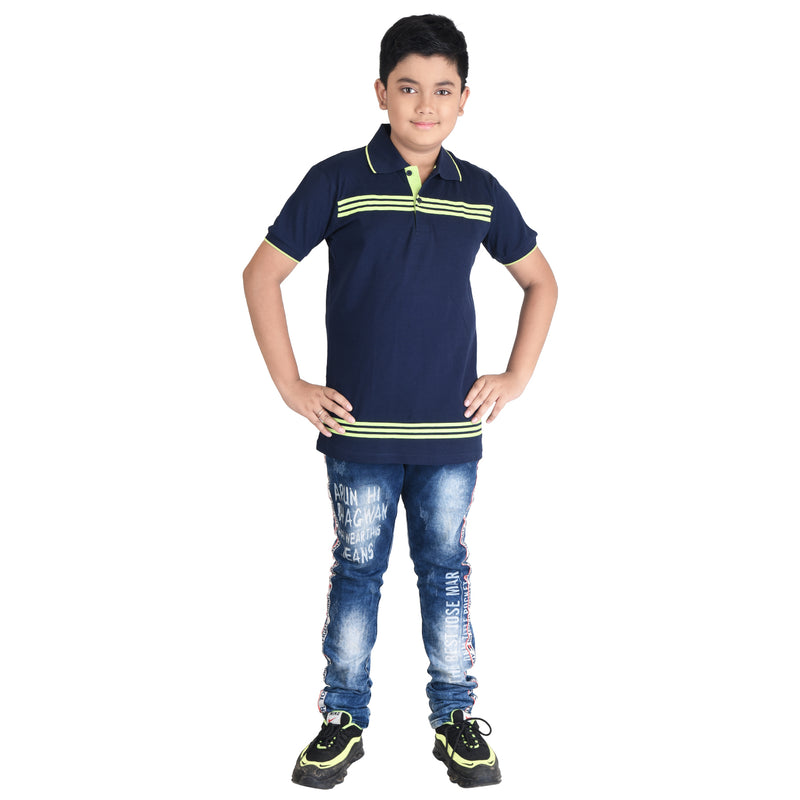 Clothe Funn Boys Polo T-Shirt, Navy (Stripes)