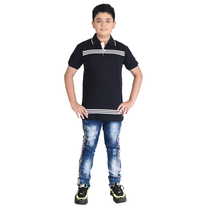 Clothe Funn Boys Polo T-Shirt, Black (Stripes)