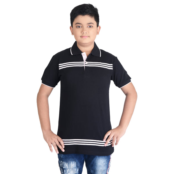 Clothe Funn Boys Polo T-Shirt, Black (Stripes)