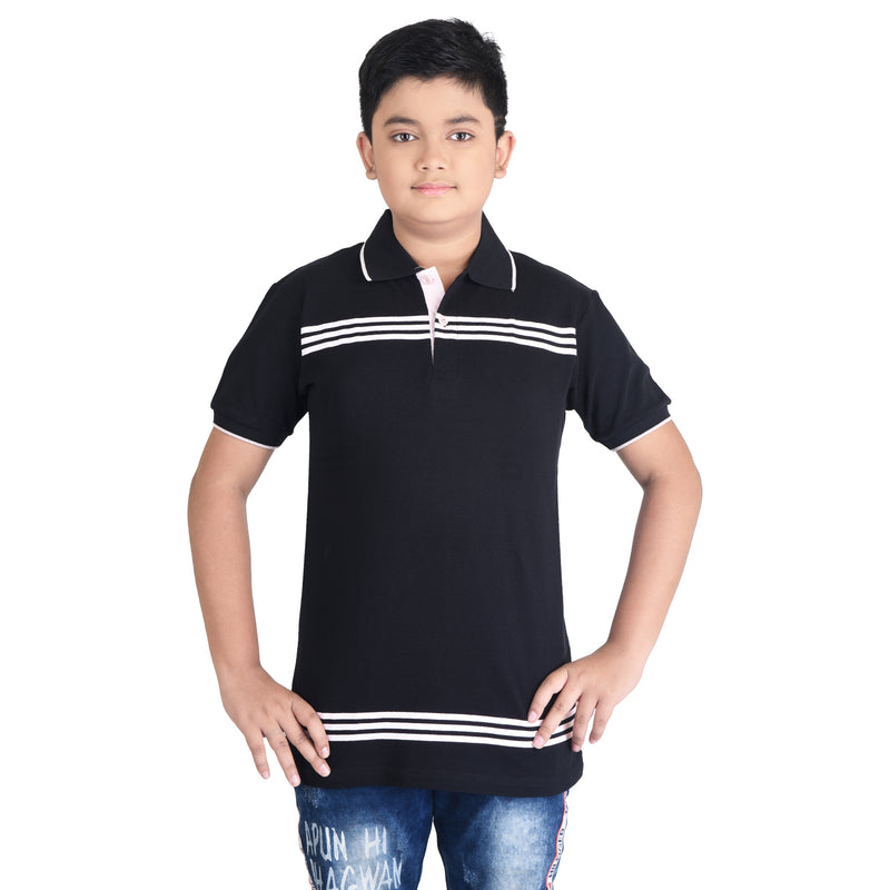 Clothe Funn Boys Polo T-Shirt, Black (Stripes)