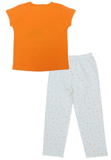 Clothe Funn Girls Printed Cotton Half Sleeves T-Shirt & Full Pant Nightwear Set, Orange & Off White
