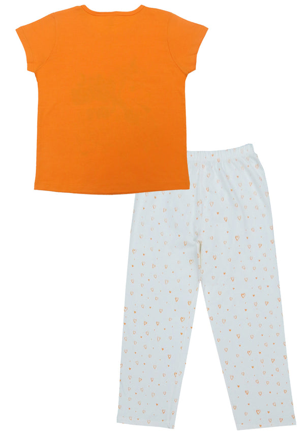 Clothe Funn Girls Printed Cotton Half Sleeves T-Shirt & Full Pant Nightwear Set, Orange & Off White