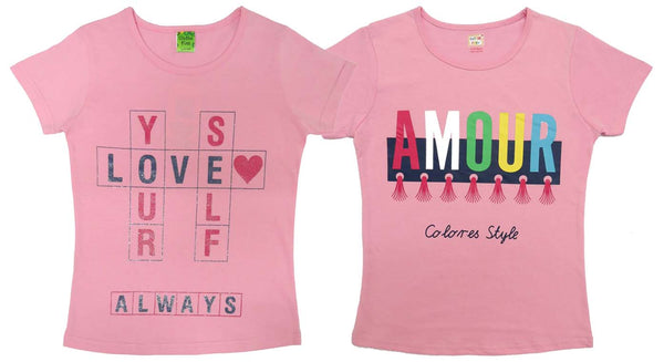 Girls Chest Printed T-Shirts,Pink, Combo:-3 (Pack of 2)