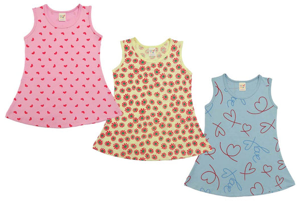 Clothe Funn Baby Girls Sleeveless Printed Frock Combo:-3 Lemon/Pink/S.Blue (Pack Of 3)