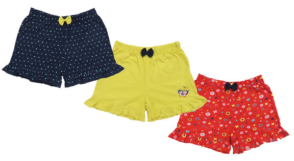 Clothe Funn Girls Printed Hot Shorts, Combo:-7 (Navy/Yellow/D.Coral) pack of 3