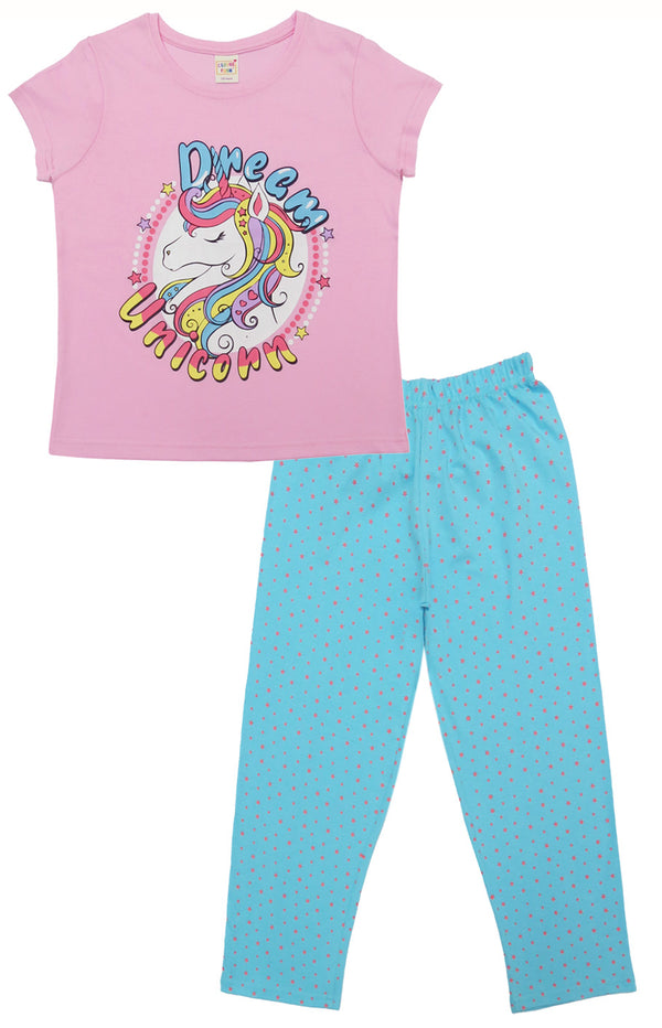Clothe Funn Girls Printed Cotton Half Sleeves T-Shirt & Full Pant Nightwear Set, Baby Pink & T.Blue