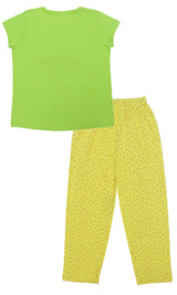 Clothe Funn Girls Printed Cotton Half Sleeves T-Shirt & Full Pant Nightwear Set, Neon Green & Yellow