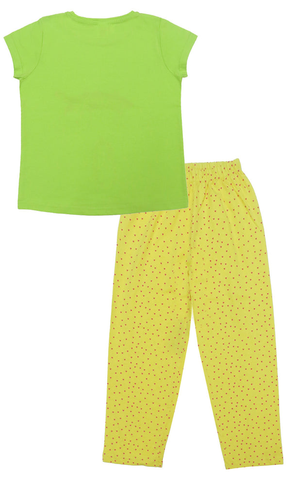 Clothe Funn Girls Printed Cotton Half Sleeves T-Shirt & Full Pant Nightwear Set, Neon Green & Yellow
