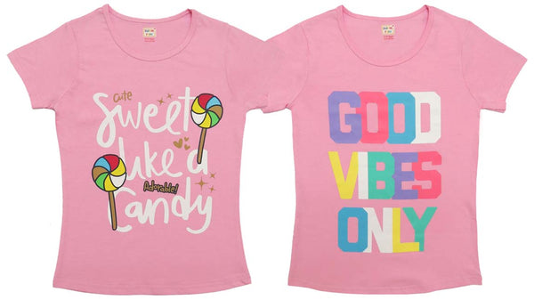 Girls Chest Printed T-Shirts,Pink, Combo:-12 (Pack of 2)