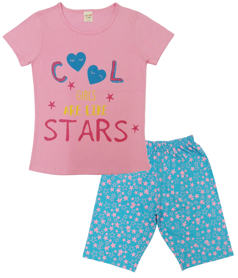 Clothe Funn Girls Nightwear/Girls Co Ord Set, Pink & T.Blue