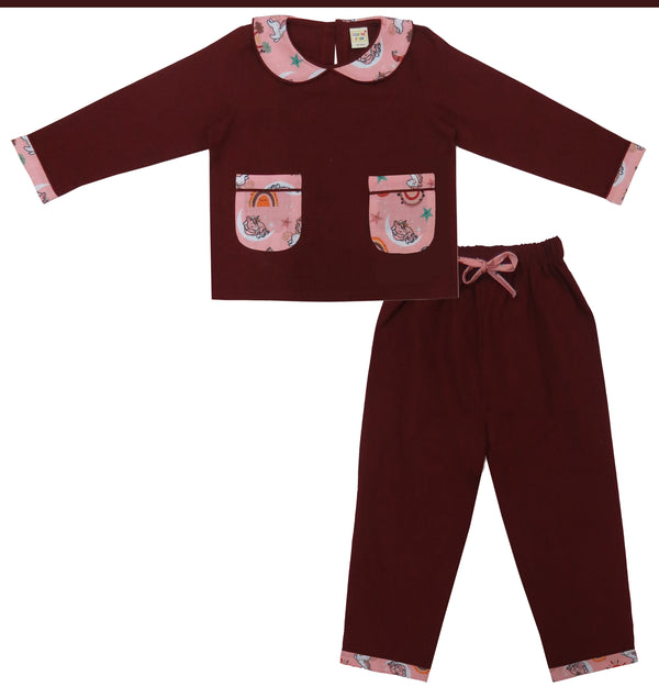 Clothe Funn Girls Full Sleeve Co-Ord Set, Maroon & Peach AOP