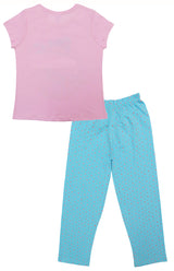 Clothe Funn Girls Printed Cotton Half Sleeves T-Shirt & Full Pant Nightwear Set, Baby Pink & T.Blue