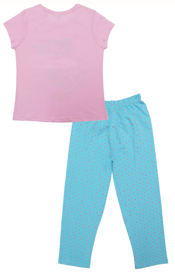 Clothe Funn Girls Printed Cotton Half Sleeves T-Shirt & Full Pant Nightwear Set, Baby Pink & T.Blue