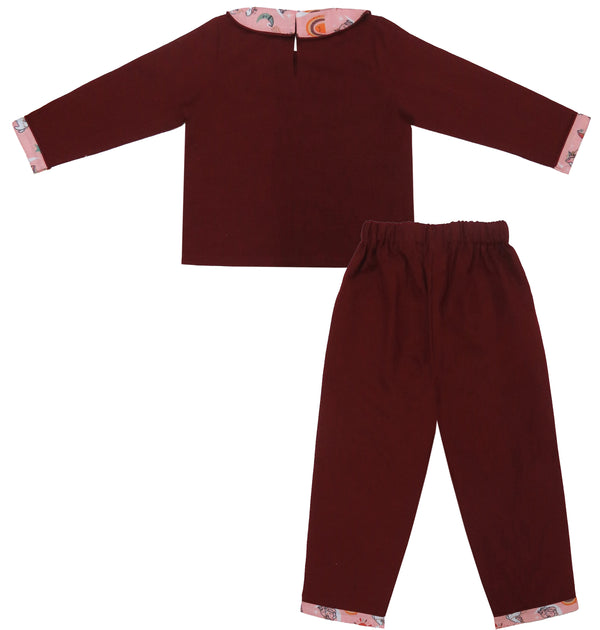 Clothe Funn Girls Full Sleeve Co-Ord Set, Maroon & Peach AOP