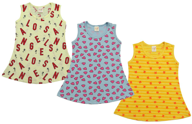 Clothe Funn Baby Girls Sleeveless Printed Frock Combo:-2 Lemon/Sky Blue/Gold(Pack Of 3)